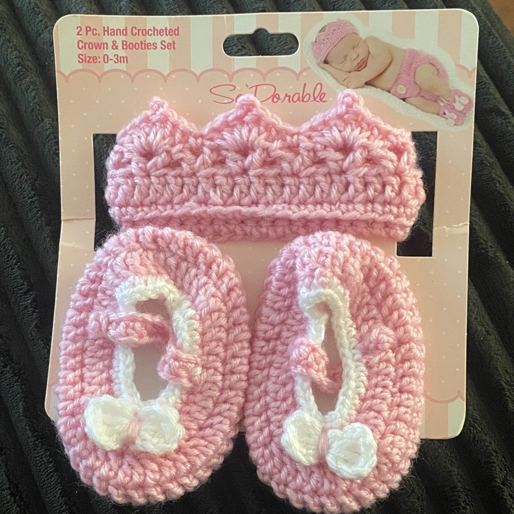 Pink Crocheted Baby Crown and Booties Set